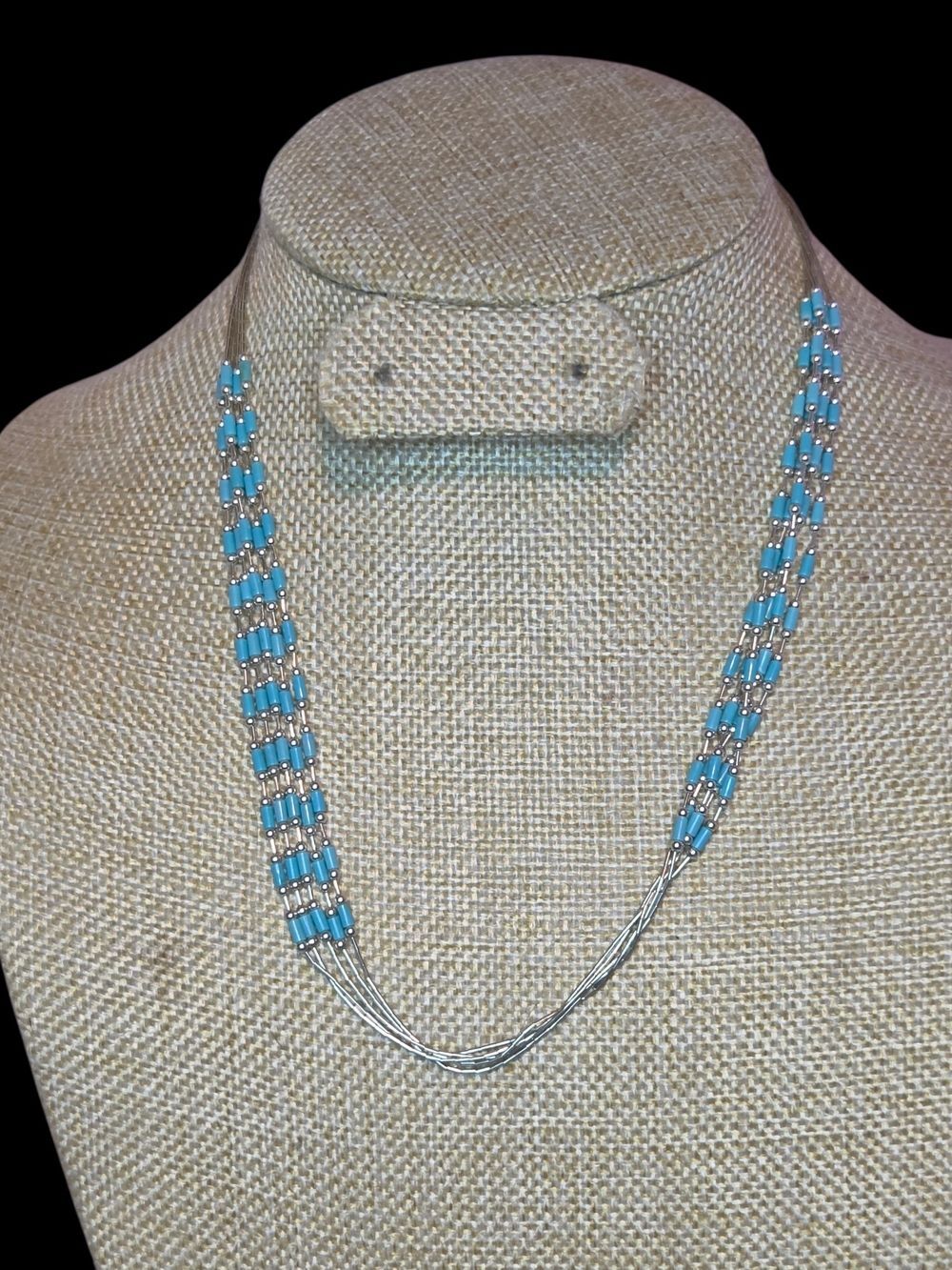 Sterling Silver 5-Strand Liquid Silver Necklace - Turquoise Bead Accent 16-18"